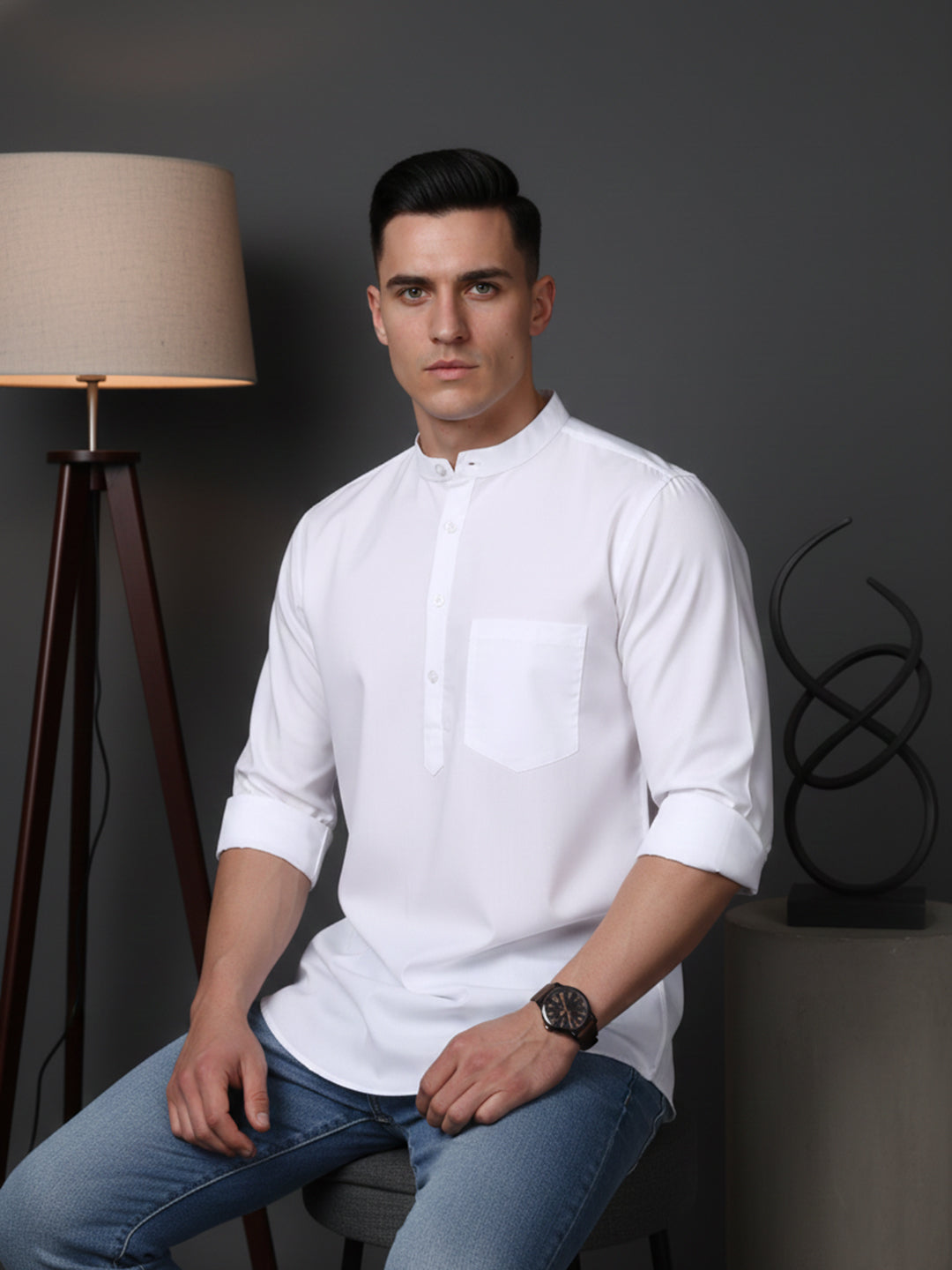 White Casual Solid Short Kurta
