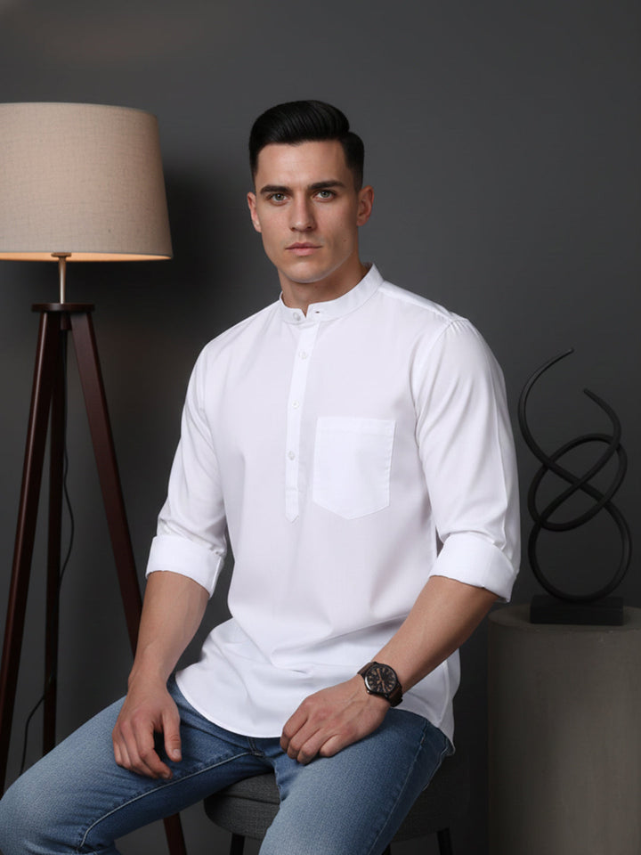 White Casual Solid Short Kurta