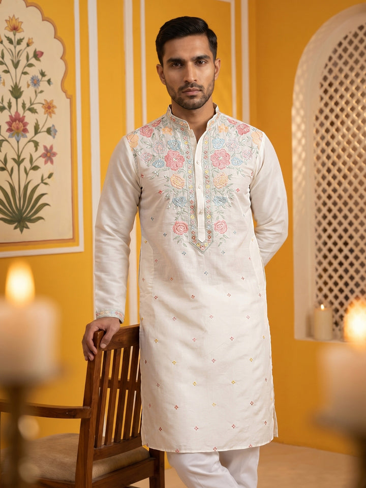 Silk Blend Embroidered Kurta