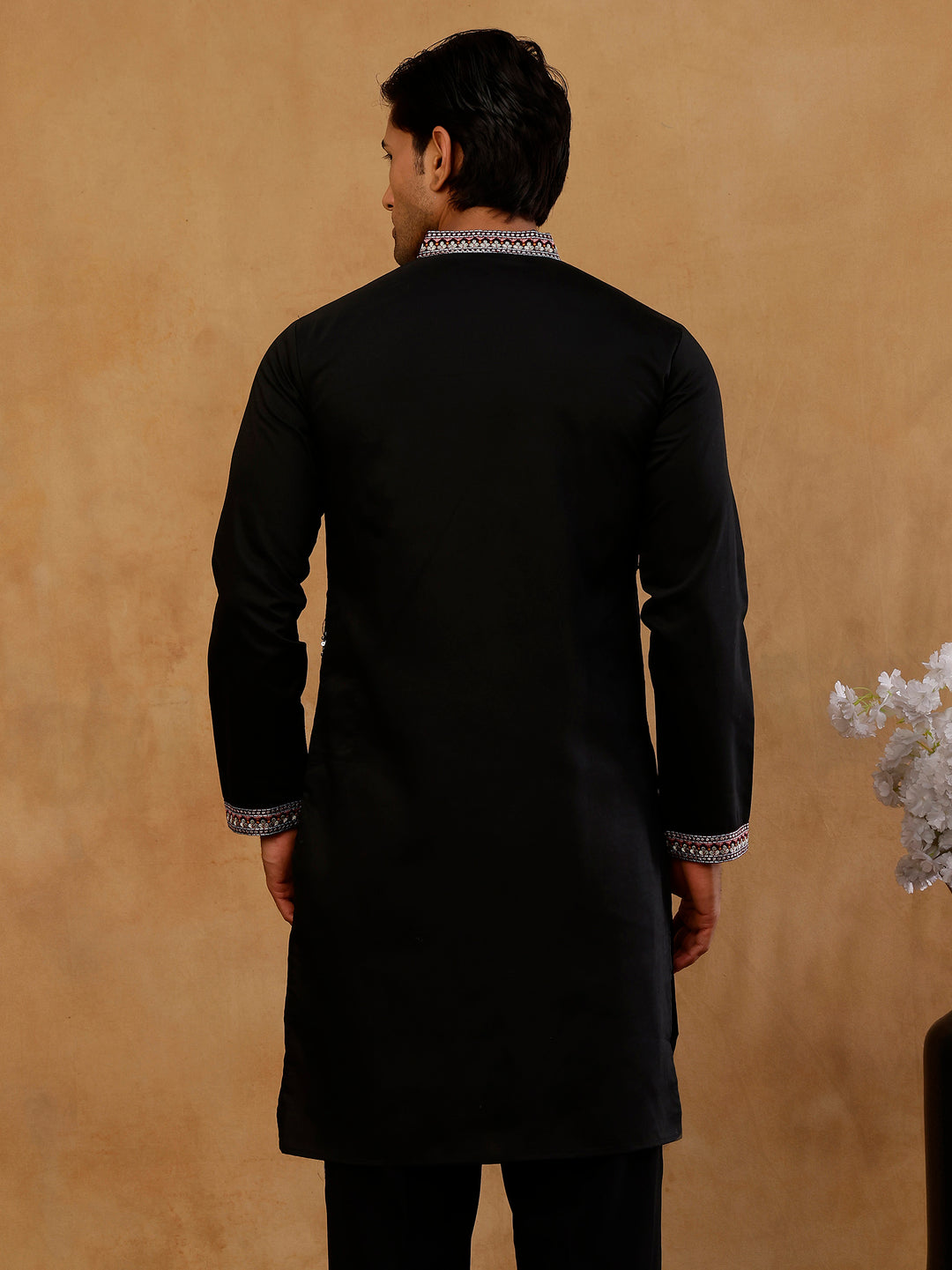 Black Silk Blend Embroidered Kurta For Men