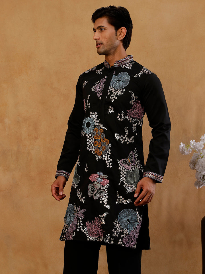 Black Silk Blend Embroidered Kurta For Men