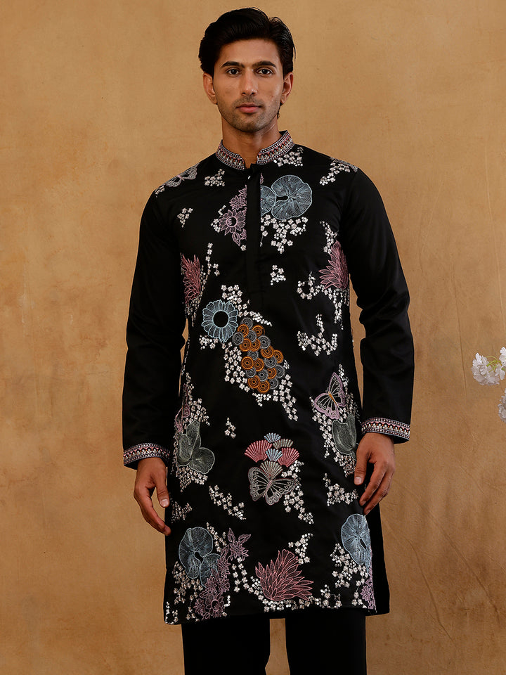 Black Silk Blend Embroidered Kurta For Men