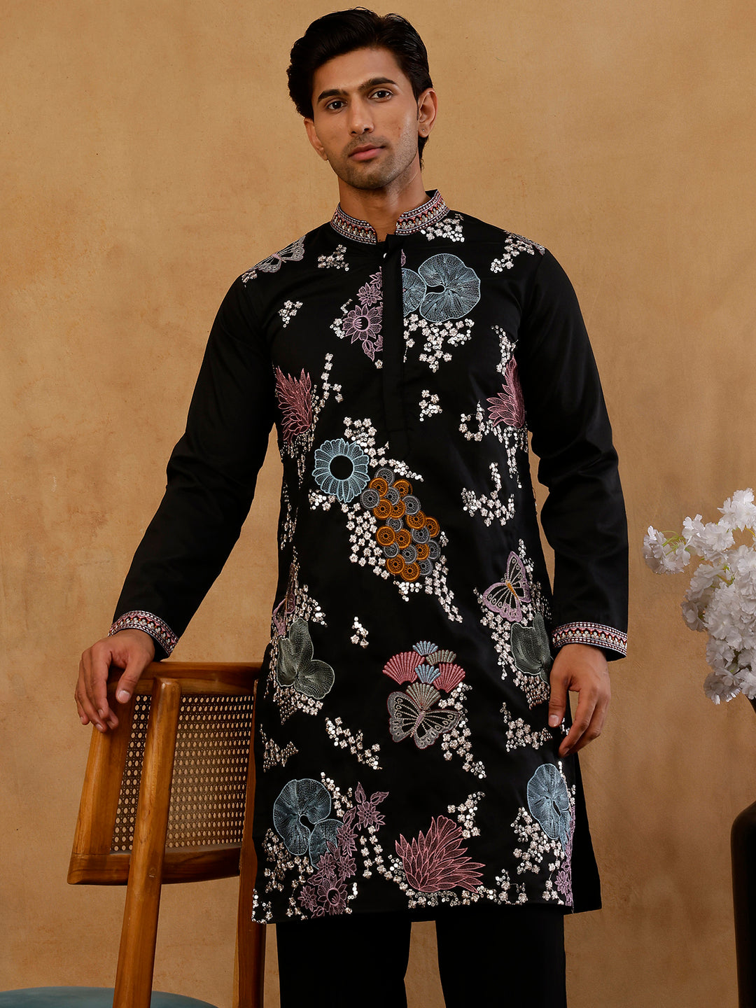 Black Silk Blend Embroidered Kurta For Men