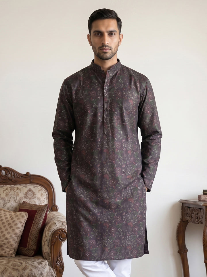 Men Cotton Blend Kurta With Foil Print