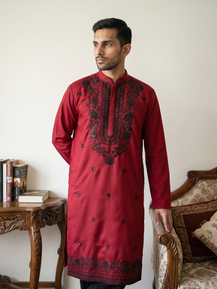 Men’S Classic Silk Blend Kurta With Rich Embroidery
