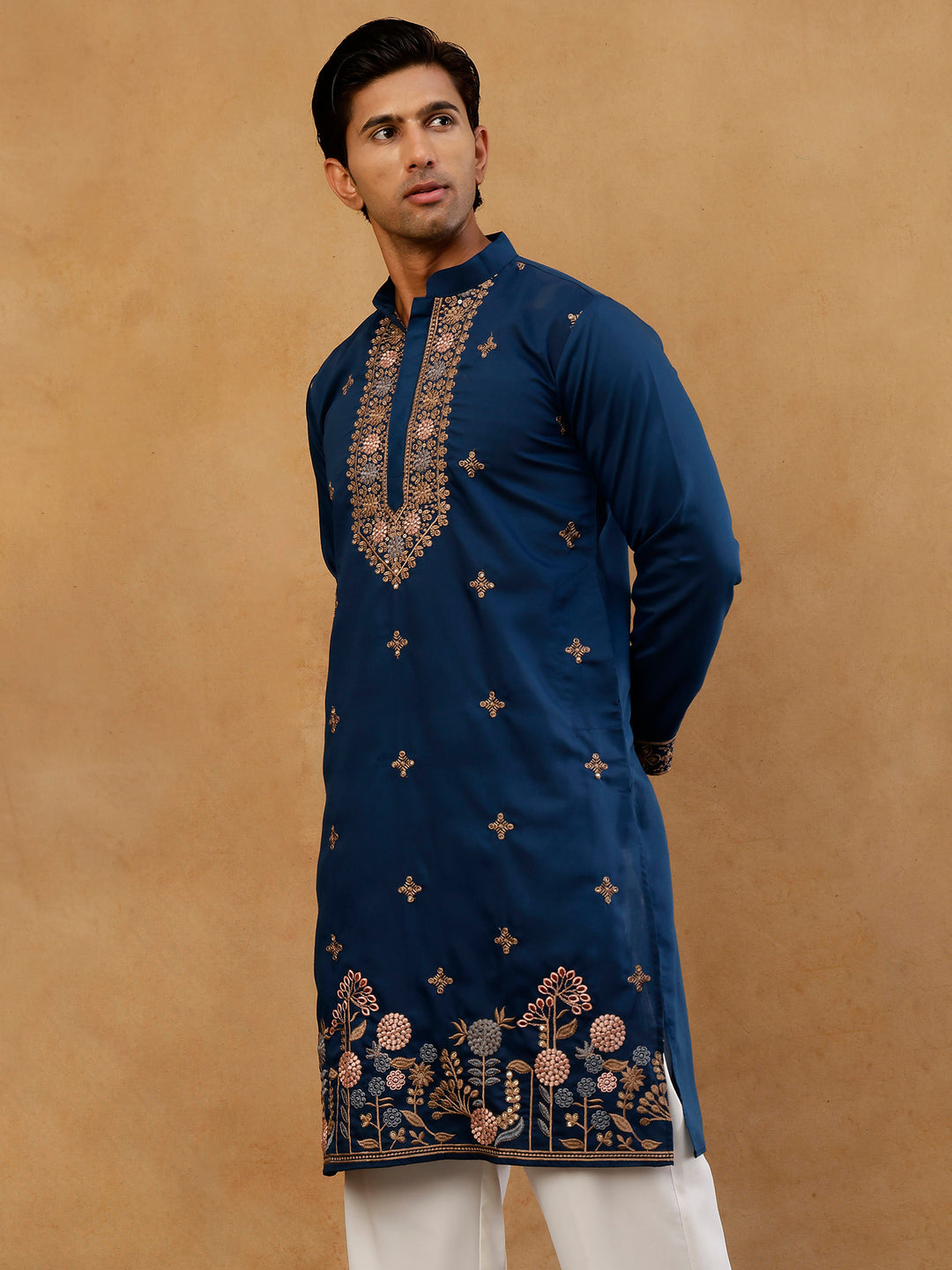 Cotton Blend Floral Embroidered Kurta