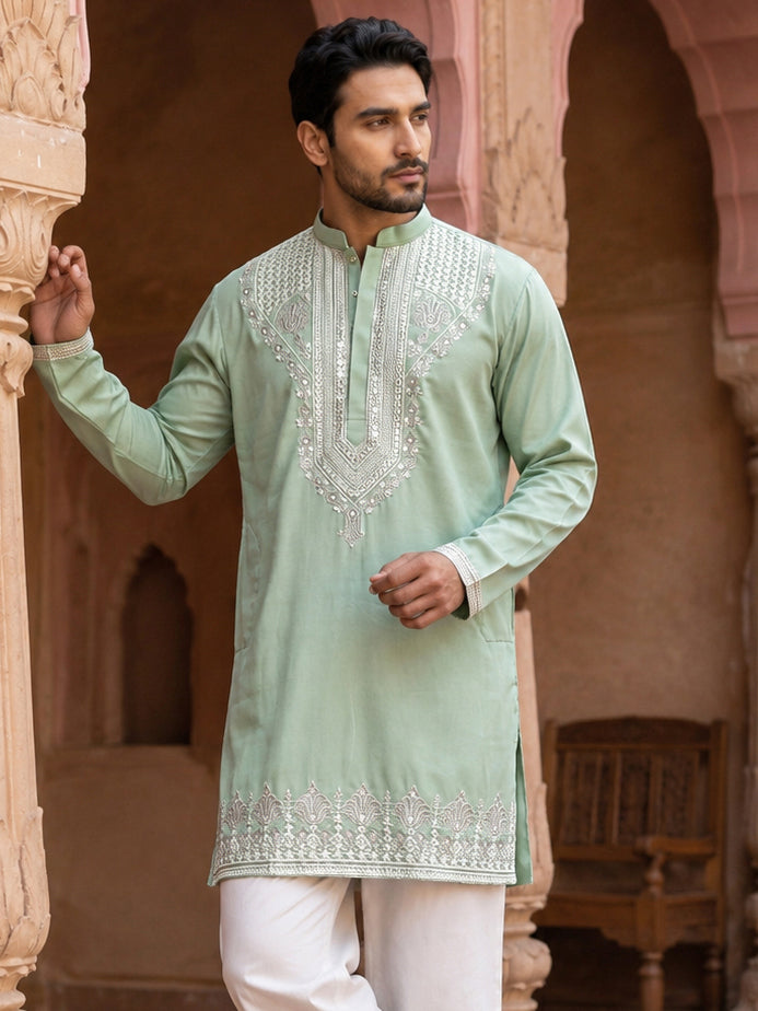 Embroidered Cotton Blend Kurta For Men
