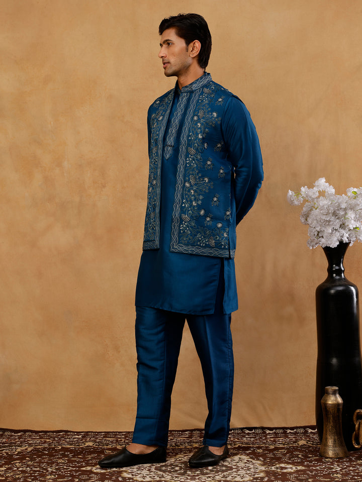 Silk Blend Embroidered Waistcoat Kurta Set