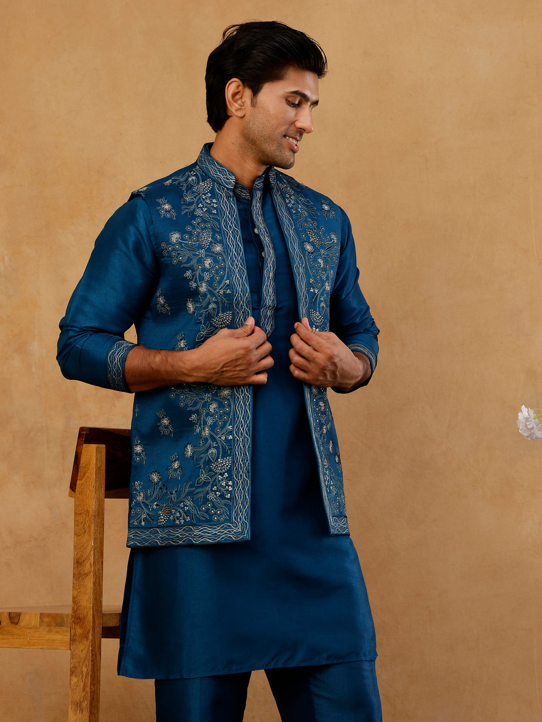 Silk Blend Embroidered Waistcoat Kurta Set