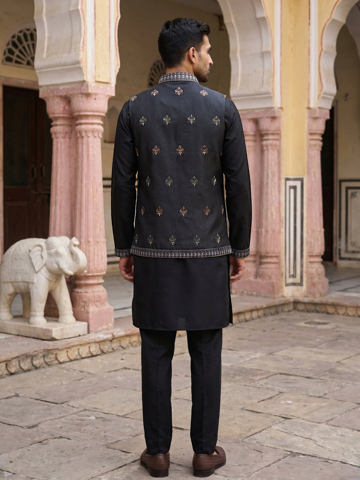 Silk Blend Embroidered Kurta With Pyjama &amp; Waistcoat