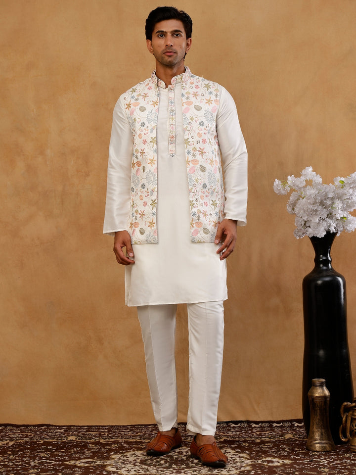 Cotton Blend Kurta Set With Designer Waistcoat