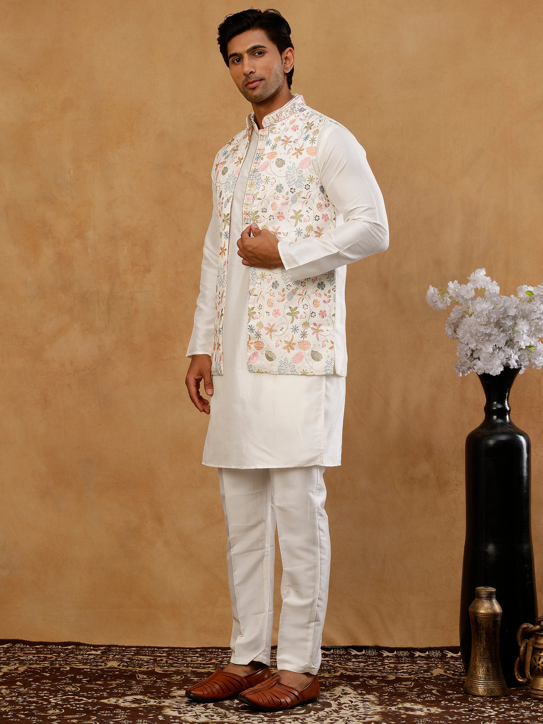 Cotton Blend Kurta Set With Designer Waistcoat