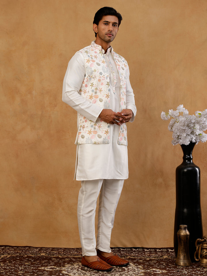 Cotton Blend Kurta Set With Designer Waistcoat