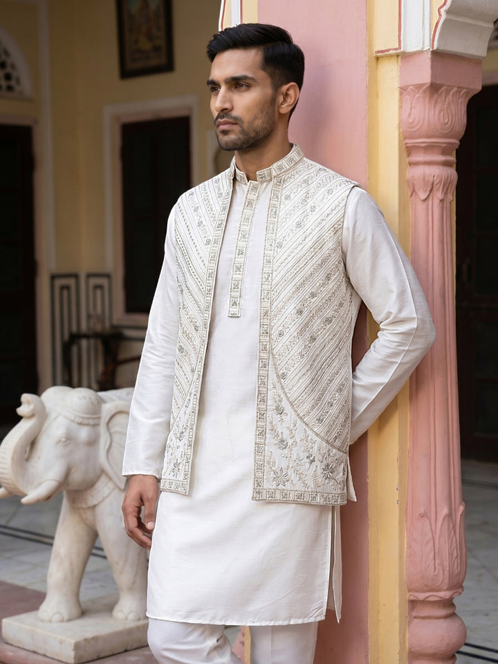 Silk Blend Embroidered Kurta Pyjama &amp; Waistcoat Set