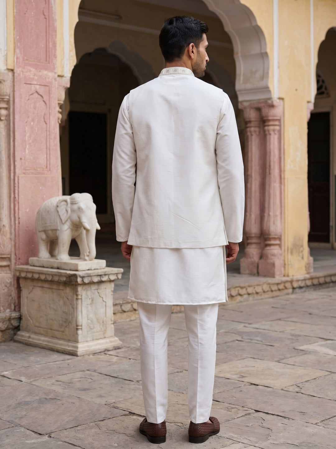 Silk Blend Embroidered Kurta Pyjama &amp; Waistcoat Set