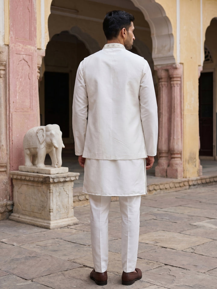 Silk Blend Embroidered Kurta Pyjama &amp; Waistcoat Set
