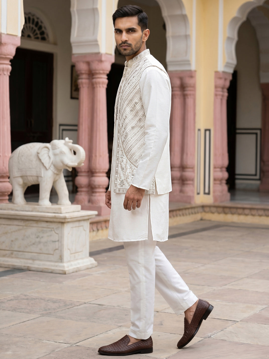 Silk Blend Embroidered Kurta Pyjama &amp; Waistcoat Set