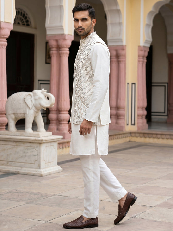Silk Blend Embroidered Kurta Pyjama &amp; Waistcoat Set