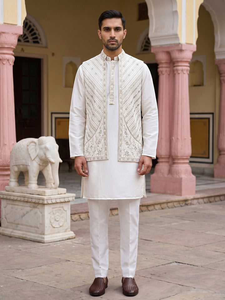 Silk Blend Embroidered Kurta Pyjama &amp; Waistcoat Set