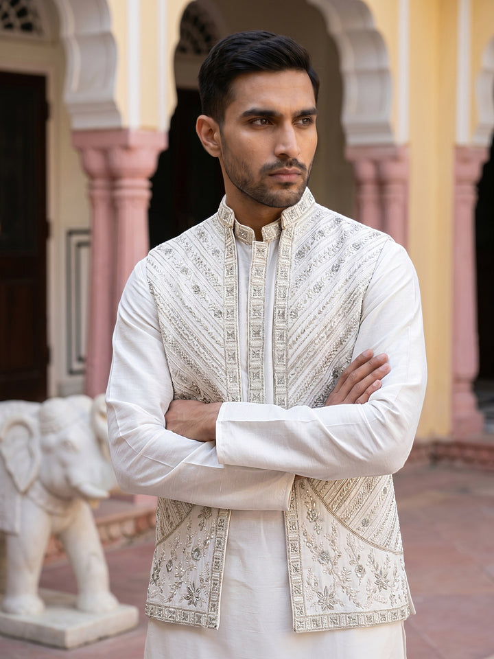 Silk Blend Embroidered Kurta Pyjama &amp; Waistcoat Set