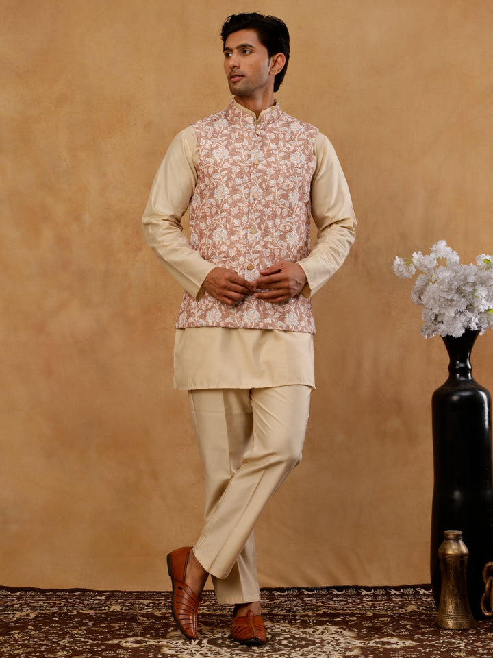 Men Embroidered Ethnic Nehru Jacket With Kurta &amp; Pyjama Set