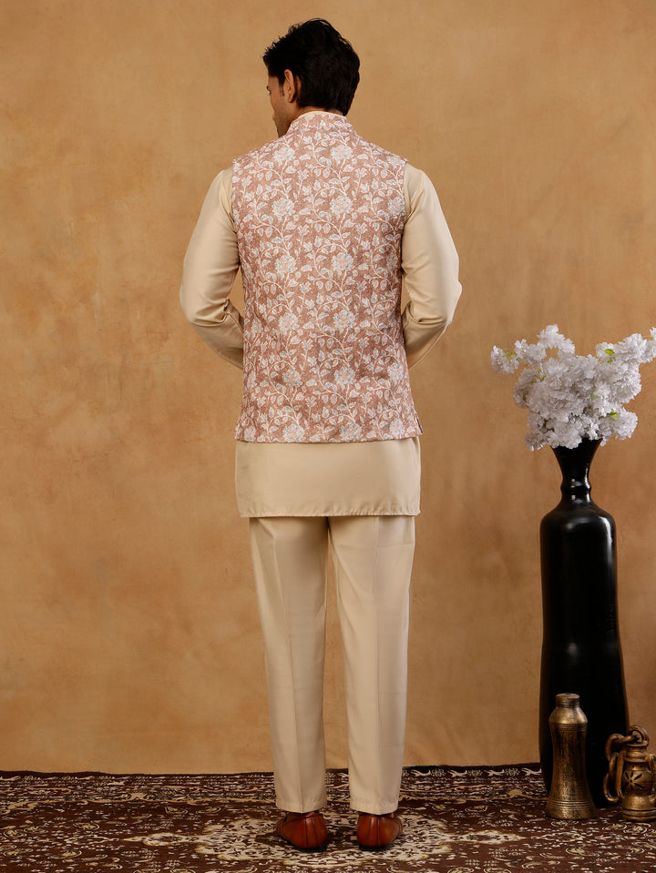 Men Embroidered Ethnic Nehru Jacket With Kurta &amp; Pyjama Set