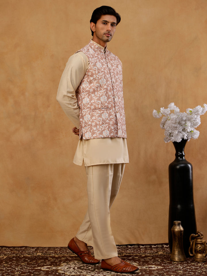 Men Embroidered Ethnic Nehru Jacket With Kurta &amp; Pyjama Set