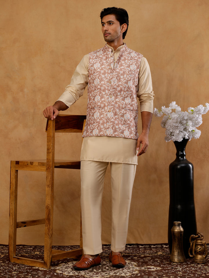 Men Embroidered Ethnic Nehru Jacket With Kurta &amp; Pyjama Set