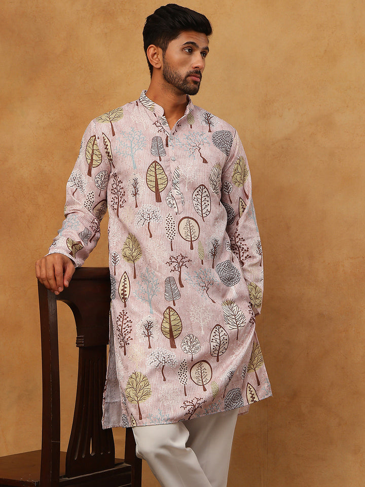 Printed Cotton Blend Kurta Pyjama With Thread Work