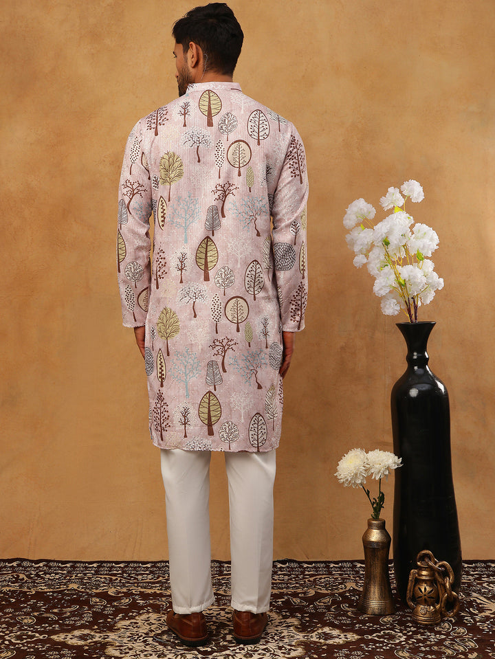 Printed Cotton Blend Kurta Pyjama With Thread Work