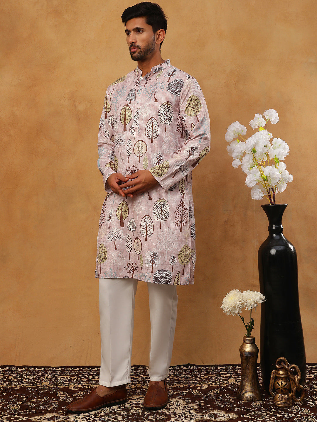 Printed Cotton Blend Kurta Pyjama With Thread Work
