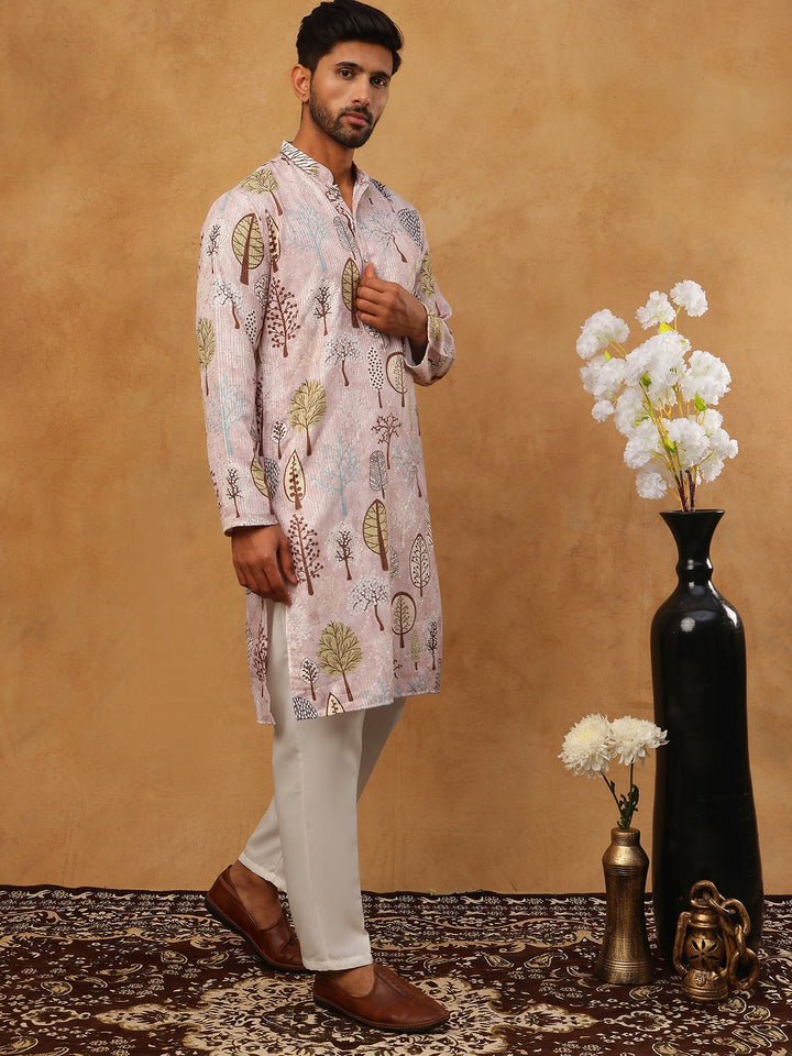 Printed Cotton Blend Kurta Pyjama With Thread Work