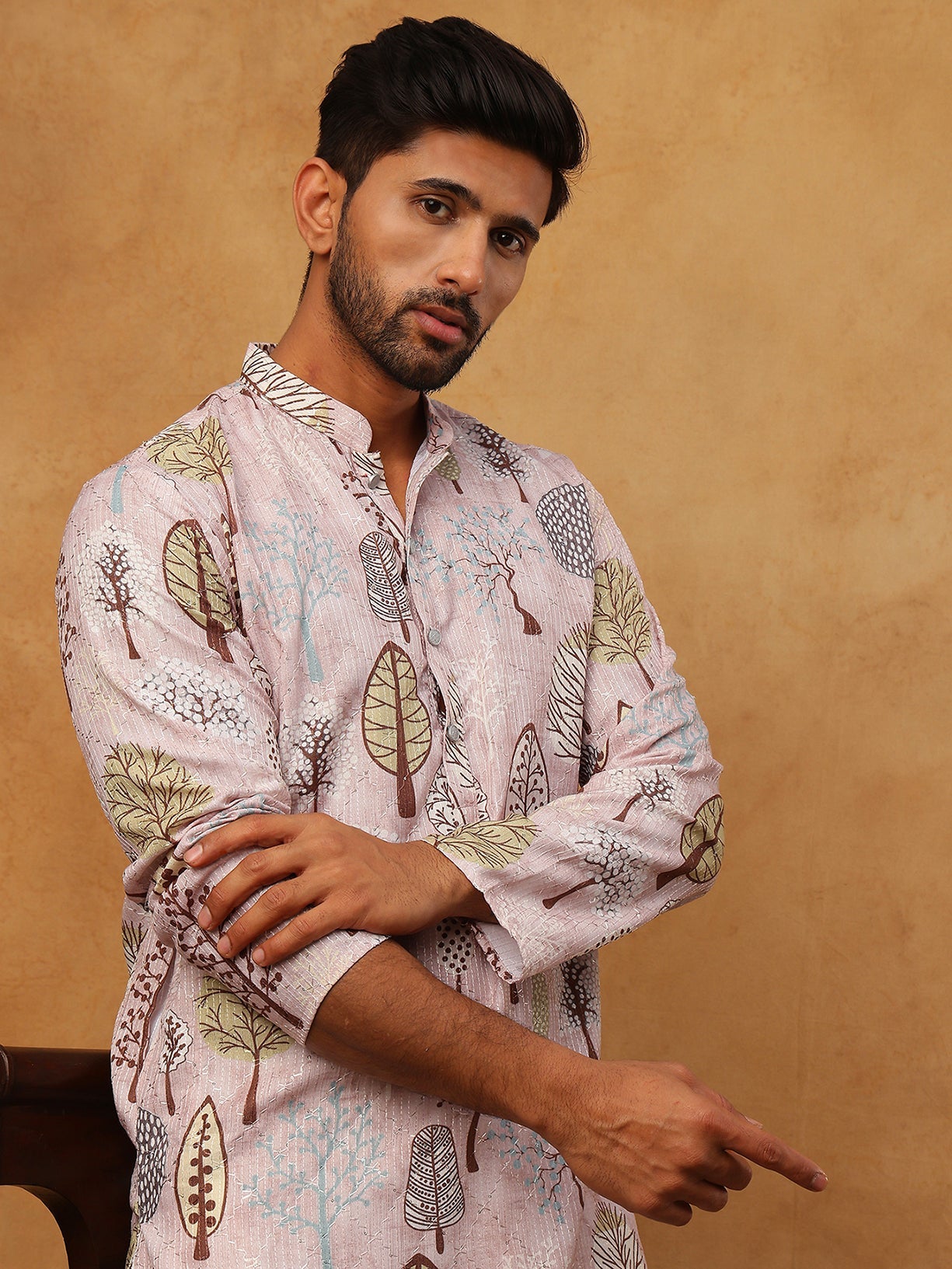 Printed Cotton Blend Kurta Pyjama With Thread Work
