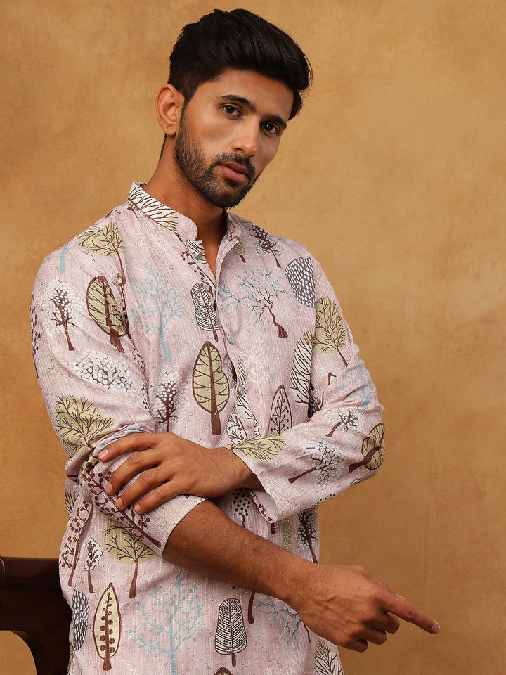 Printed Cotton Blend Kurta Pyjama With Thread Work