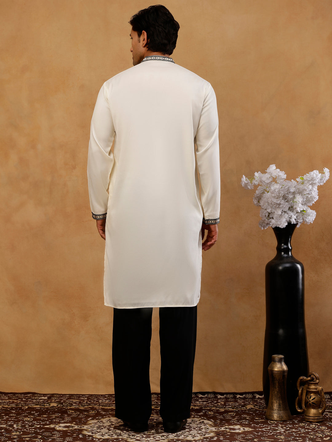 Men Embroidered Silk Blend Kurta With Korean Pants