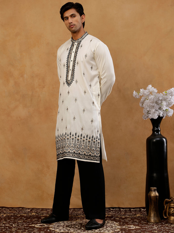 Men Embroidered Silk Blend Kurta With Korean Pants