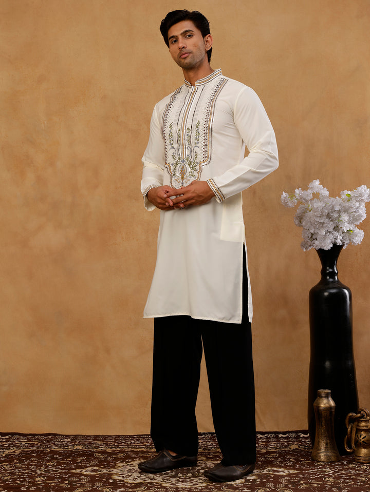 Cotton Blend Ethnic Embroidered Kurta With Korean Pants