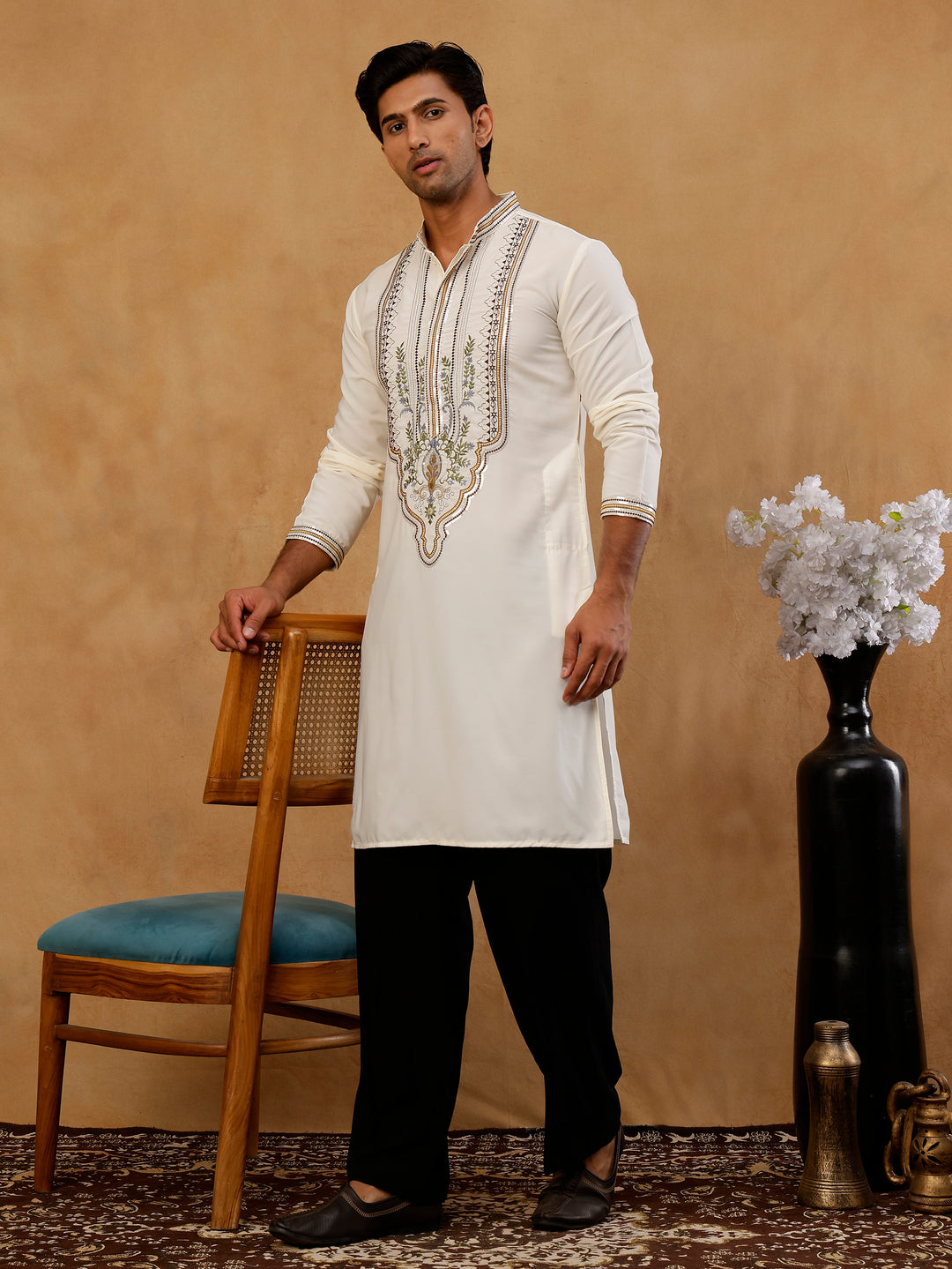 Cotton Blend Ethnic Embroidered Kurta With Korean Pants