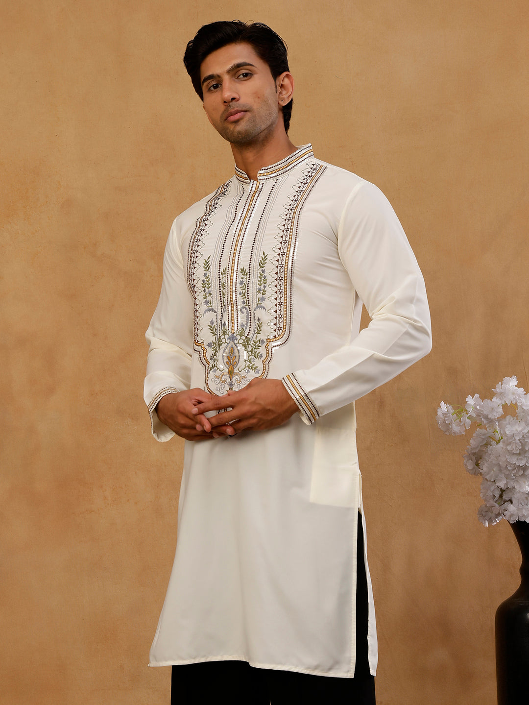 Cotton Blend Ethnic Embroidered Kurta With Korean Pants