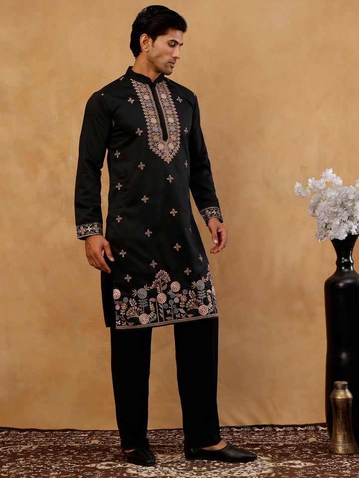 Cotton Blend Floral Embroidered Kurta With Korean Pants