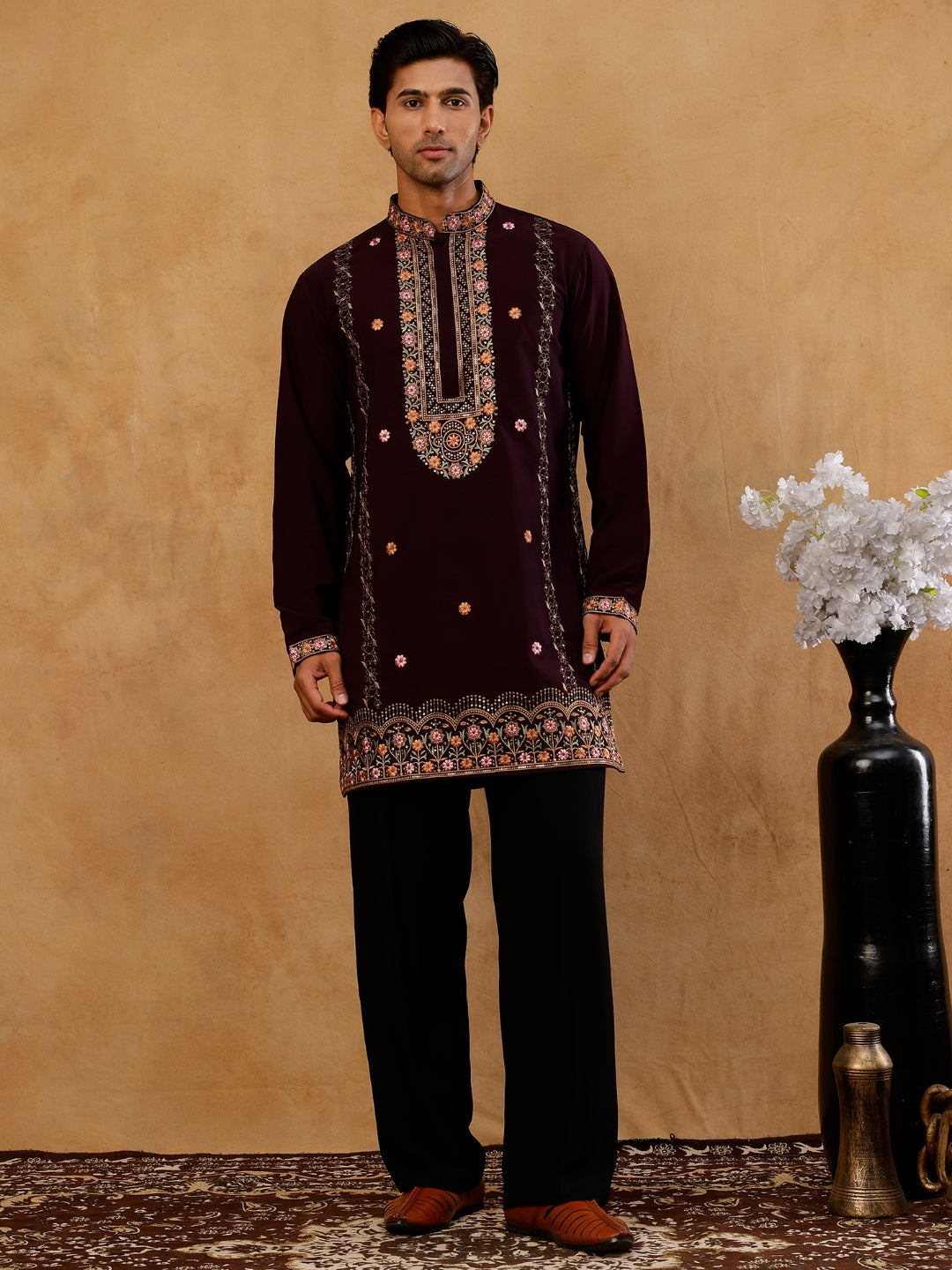 Japanese Fabric Floral Embroidered Kurta With Korean Pant Set