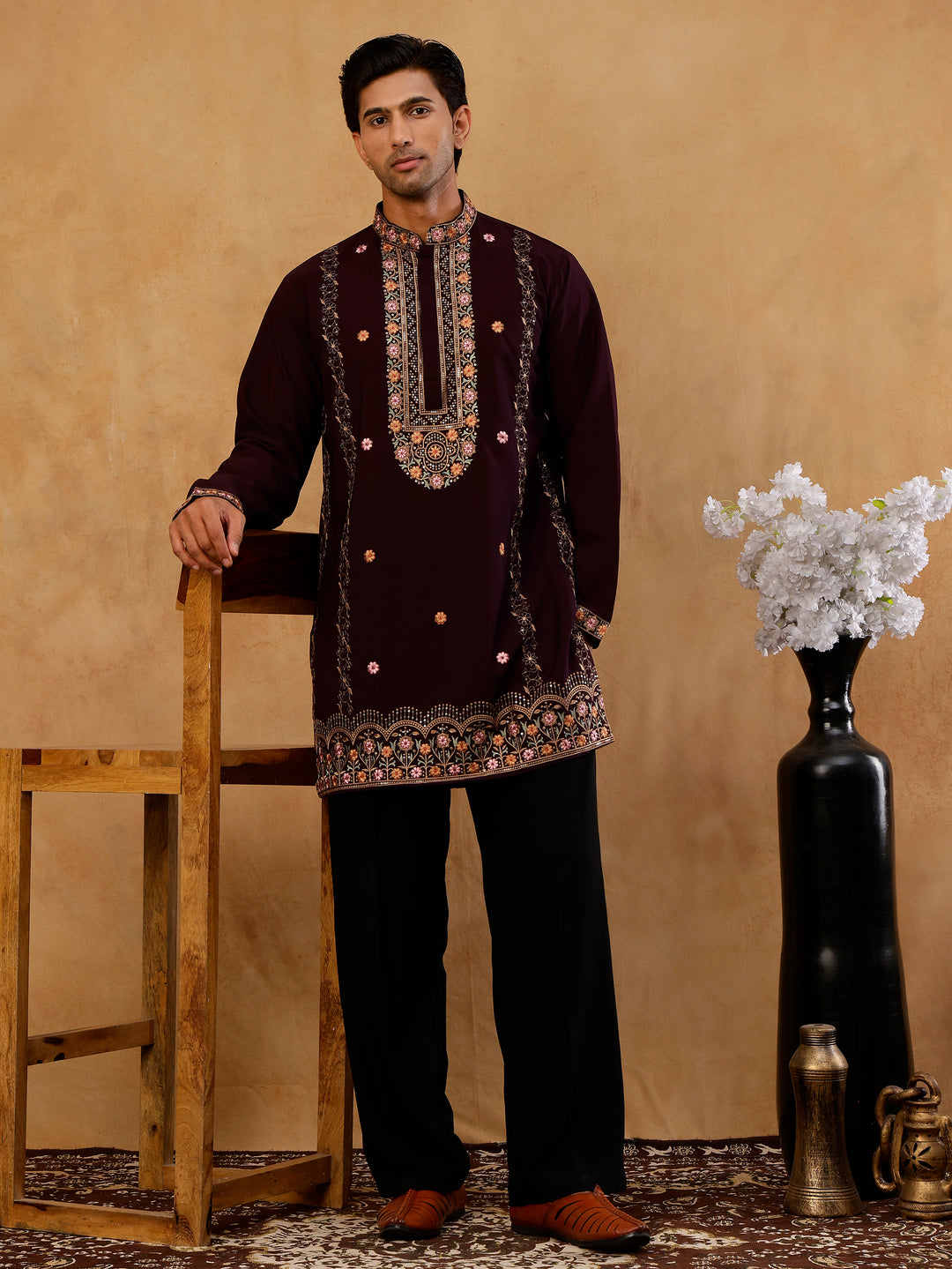 Japanese Fabric Floral Embroidered Kurta With Korean Pant Set