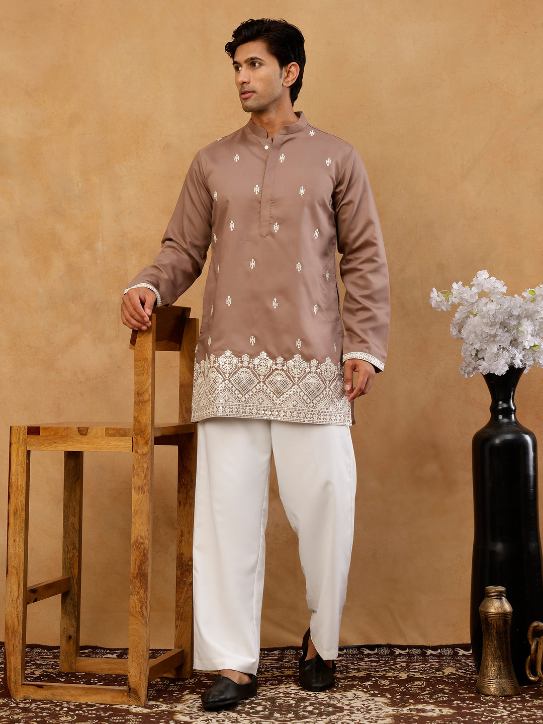 Cotton Blend Ethnic Embroidered Kurta With Korean Pants