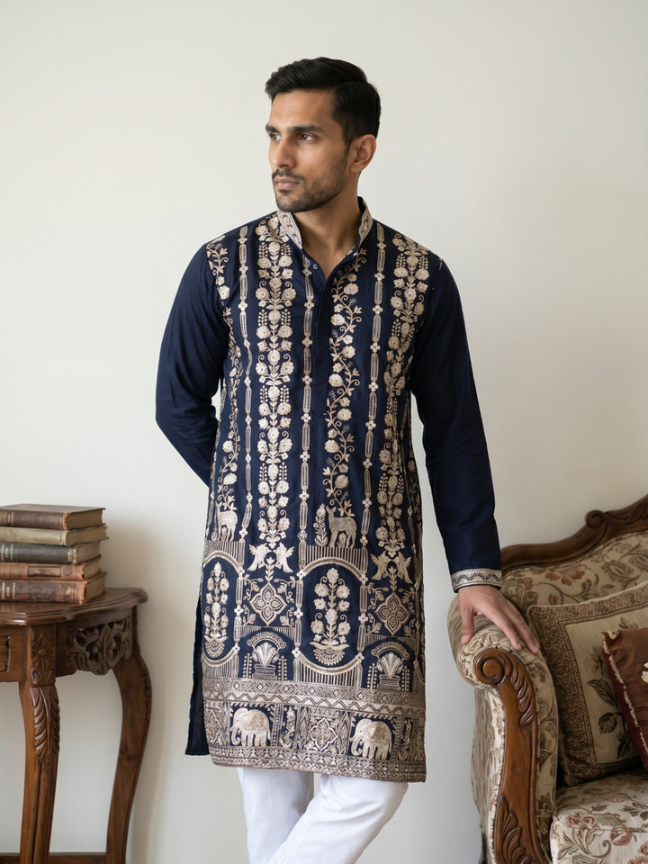 Men Silk Blend Embroidered Kurta Pyjama