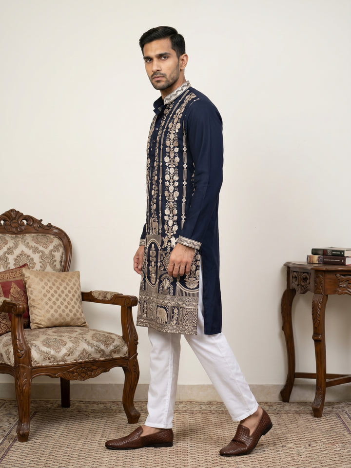 Men Silk Blend Embroidered Kurta Pyjama