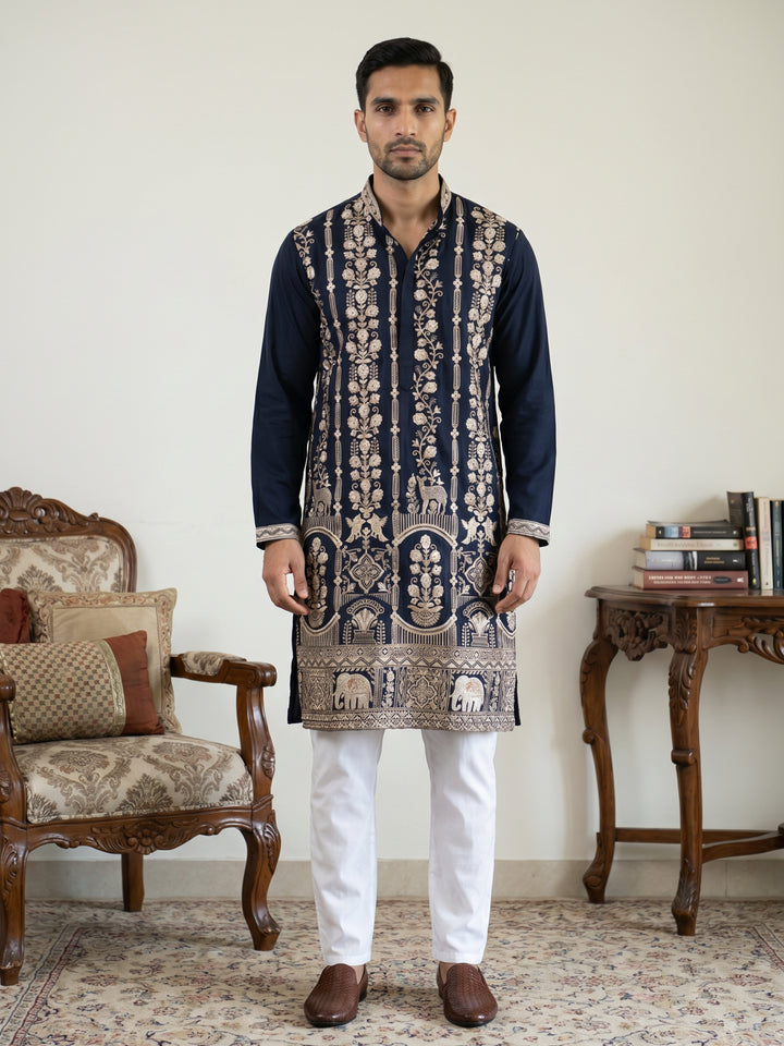 Men Silk Blend Embroidered Kurta Pyjama