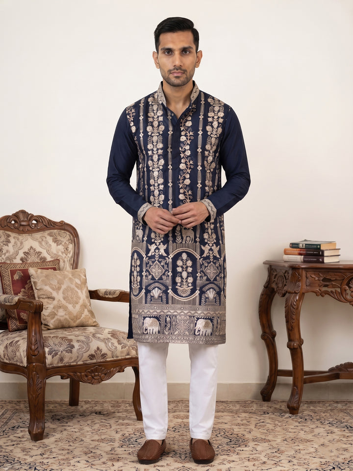 Men Silk Blend Embroidered Kurta Pyjama