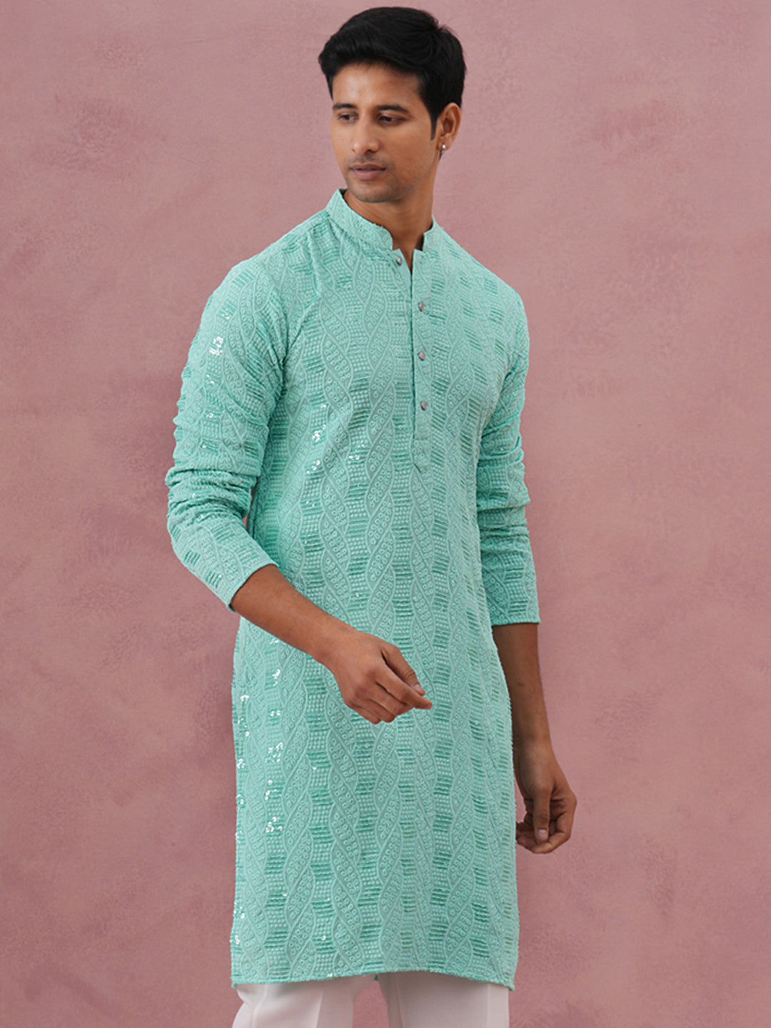 Sequin-Embellished Rayon Embroidered Kurta