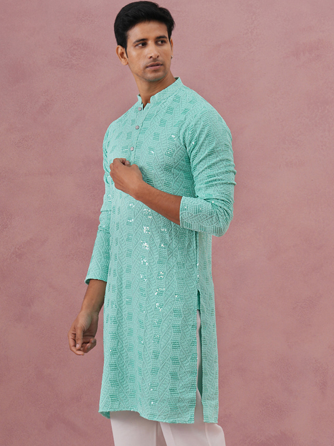 Sequin-Embellished Rayon Embroidered Kurta