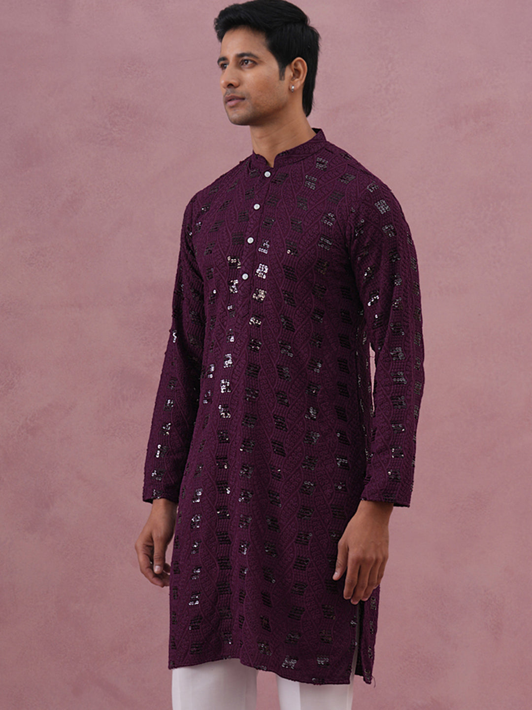 Sequin-Embellished Rayon Embroidered Kurta